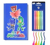 PJ Masks A5 Notebook with 5x Bright Colour Chisel Tip Highlighters - 3D Hardcover Journal with 80 Lined Pages - School Writing & Drawing Stationery Gift Set for Boys & Girls Ages 5+
