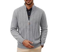 PJ PAUL JONES Cardigans for Men UK Stand Collar Zip Up Striped Cardigans Winter Coat Silver Gray L