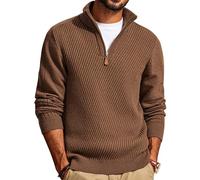 PJ PAUL JONES Men Quarter Zip Jumpers Turtleneck Sweater Mock Neck Winter Casual Textured Tops Long Sleeved Knitted Pullover Warm, Brown, L