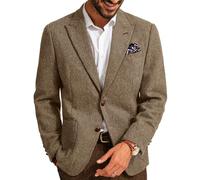 PJ PAUL JONES Mens Blazer Vintage Herringbone Tweed Blazer Two Button Wool Blend Sport Coat with Pocket Square, Coffee, XL