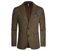 PJ PAUL JONES Mens Blazer Vintage Herringbone Tweed Blazer Two Button Wool Blend Sport Coat with Pocket Square, Coffee+army Green, L