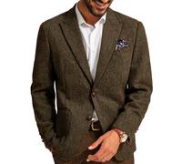 PJ PAUL JONES Mens Blazer Vintage Herringbone Tweed Blazer Two Button Wool Blend Sport Coat with Pocket Square, Brown, L
