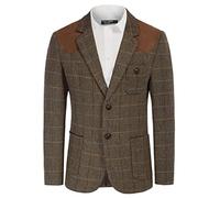PJ PAUL JONES Mens British Wool Blend Suit Blazer Patchwork Tweed Sport Coats, Coffee(Plaid), Large
