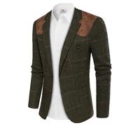 PJ PAUL JONES Mens British Wool Blend Suit Blazer Patchwork Tweed Sport Coats, Dark Green-plaid, L