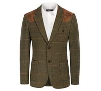 PJ PAUL JONES Mens British Wool Blend Suit Blazer Patchwork Tweed Sport Coats, Olive(Plaid), L