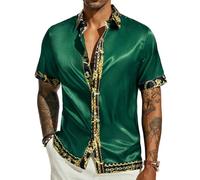 PJ PAUL JONES Mens Button Down Shirt Casual Stretch Satin Silk Shirts Hawaiian Beach Shirts