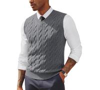 PJ PAUL JONES Mens Cable Twist Knit Sweater Vest V Neck Sleeveless Ribbed Pullover Silver Grey M