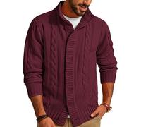 PJ PAUL JONES Men's Cardigan with Button Closure, Cable Knit Cardigan with Ribbed Stand-Up Collar for Autumn Winter, wine red, S