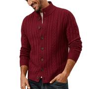PJ PAUL JONES Men's Cardigans Button Down Stand Collar Cable Knitted Cardigan Red Wine XXL