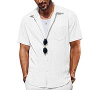 PJ PAUL JONES Men's Casual Short Sleeve Shirt Summer Beach Hollow Out Tops Textured Knit Lightweight Shirts White L