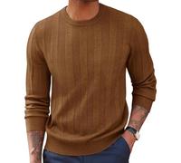 PJ PAUL JONES Mens Crew Neck Pullover Vertical Ribbed Design Long Sleeve Top Coffee L