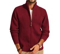 PJ PAUL JONES Men's Full Zip up Cardigan Casual Stand Collar Ribbed Knit Cardigan Sweaters Wine Red XXL
