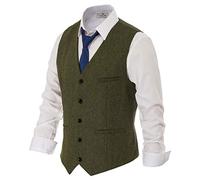PJ PAUL JONES Men's Herringbone Tweed Suit Vest Casual Wool Blend Waistcoat, Army Green, S