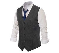 PJ PAUL JONES Men's Herringbone Tweed Suit Vest Casual Wool Blend Waistcoat, Dark Grey, Large