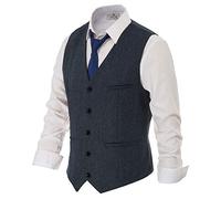 PJ PAUL JONES Men's Herringbone Tweed Suit Vest Casual Wool Blend Waistcoat, Navy Blue, Medium