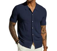 PJ PAUL JONES Mens Knit Shirt Short Sleeve Summer Hollow Out Shirt Beach Button Down Shirt, Navy Blue, XXL