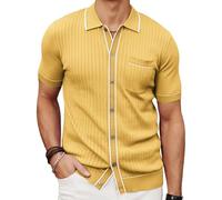 PJ PAUL JONES Mens Knit Shirts Short Sleeve Button Down Casual Shirt Vintage Old Money Polo Shirts Vacation Beach Tops, Gold Yellow, XXL