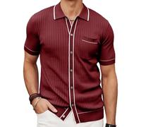 PJ PAUL JONES Mens Knit Shirts Vintage Retro Short Sleeve Button Down Vacation Polo Shirts, Burgundy, Medium