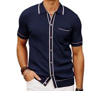 PJ Paul Jones Mens Knit Shirts Vintage Retro Short Sleeve Button Down Vacation Polo Shirts, Navy Blue, XL