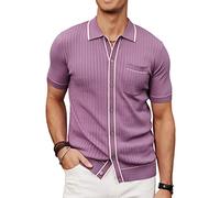PJ PAUL JONES Mens Knit Shirts Vintage Retro Short Sleeve Button Down Vacation Polo Shirts, Purple, XL