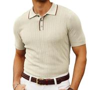 PJ PAUL JONES Mens Knitted Polo Shirts Short Sleeve Textured Pullover Golf Polo T Shirts, Beige, Large