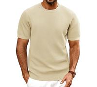 PJ PAUL JONES Men's Knitted T-Shirt Short Sleeve Regular Fit Textured Tee Summer T-Shirt with Crew Neck for Leisure Golf, apricot, XL
