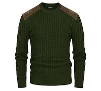 PJ PAUL JONES Men's Military Pullover Sweater Crewneck Vintage Cable Knit Sweater with Suede Patchwork, Army Green, Large