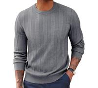 PJ PAUL JONES Mens Ribbed Knit Top Casual Long Sleeve Crew Neck Design Jumper Sweaters Trey L Grey