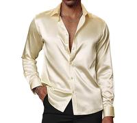 PJ PAUL JONES Men's Shiny Satin Dress Shirts Long Sleeve Button Down Silk Shirt with Bow Tie, Champagne, XXL
