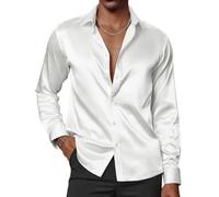 PJ PAUL JONES Men's Shiny Satin Dress Shirts Long Sleeve Button Down Silk Shirt with Bow Tie, White, XL