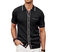 PJ PAUL JONES Men's Short Sleeve Knit Polo Shirt Vintage Button Down Golf Polo, Black, Large