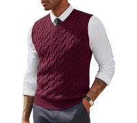 PJ PAUL JONES Men's Sweater Vests V Neck Cable Twist Knit Sleeveless Vests Casual Pullover Sweater, Wine Red, Large