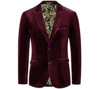 PJ PAUL JONES Mens Velvet Blazer Two Button Solid Slim Fit Blazer Sport Coat for Dinner Prom Wedding, Black Red, L