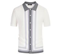PJ PAUL JONES Men's Vintage Stripe Knit Polo Shirts Stylish Button Down Cardigan Sweater, Ivory, Large