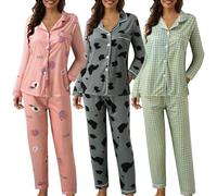 Pj Sets For Women Cotton, Button Up Pyjamas Set For Women Long Sleeve Button Down Tops Pants Comfortable Loungewear Classic Pyjama Set With Pocket Fashion Printed Pj Set Sleepwear