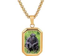 PJ4U Chimpanzee Wildlife Animal Gold Colour Necklace With Rectangle Pendant And Gift Box