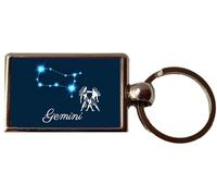 PJ4U Gemini Star Sign Constellation Zodiac Oblong Luxury Double Sided Metal Keyring And Gift Bag