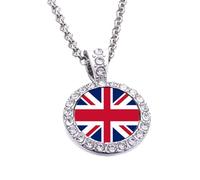 PJ4U Union Jack UK Silver Colour Round Necklace With Diamante Pendant And Gift Box