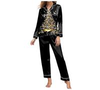 Pjama Set Women Plus Size, Women'S Autumn Winter V-Neck Long Sleeve Pajama Set Cozy Two Piece Loungewear Sleepwear for Christmas Holiday (Black, S)