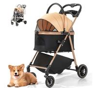 PJDDP 3 in 1 Dog Strollers, Foldable Pet Strollers, All Terrain Dog Carriage Stroller, Dogs Stroller with Detachable Carrier and Weather Cover for Small/Medium Dogs and Cats,Black Gold