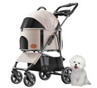 PJDDP 4 Wheels Multifunction Dog Cat Stroller, Folding Portable Travel Stroller with Detachable Carrier, Dog Carriage with Storage Basket for Small Dogs Cats,Cocoa Custard