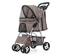 PJDDP 4 Wheels Pet Stroller for Medium Small Dogs & Cats, One-Hand Folding Portable Foldable Carrier Strolling Cart with Large Storage Basket,Front 360-Degree Swivel Wheel,leopard print