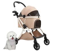 PJDDP Doggy Fold Up Stroller, Small Pet Stroller Small Dog, Dog Carriages with Safety Tether, Storage Basket and Cup Holder, Max Load 22 Lbs for Daily Walks & Outdoor Use,Brown