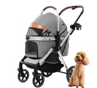 PJDDP Doggy Stroller for Medium Dogs, Dog Fold Up Stroller, Dog Carriage 4 Wheel with Safety Tether, Storage Basket and Cup Holder, Watertight Max Load 66 Lbs,Light Gray