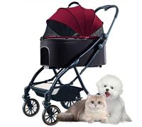 PJDDP Foldable Dog Stroller, 4 Wheels Cats Strollers, 3 in 1 Multi-Function Dog Jogger with Detachable Carrier, Storage Basket for Small to Medium Pets,Burgundy