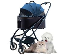 PJDDP Foldable Dog Stroller, 4 Wheels Cats Strollers, 3 in 1 Multi-Function Dog Jogger with Detachable Carrier, Storage Basket for Small to Medium Pets,Blue