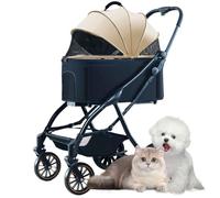 PJDDP Foldable Dog Stroller, 4 Wheels Cats Strollers, 3 in 1 Multi-Function Dog Jogger with Detachable Carrier, Storage Basket for Small to Medium Pets,Khaki
