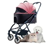 PJDDP Foldable Dog Stroller, 4 Wheels Cats Strollers, 3 in 1 Multi-Function Dog Jogger with Detachable Carrier, Storage Basket for Small to Medium Pets,Pink