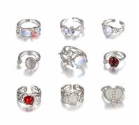 Pjeghbvop 9 Pieces Silver Plated Irregular Moonstone Gemstone Rings for Women Teens Crystal Rhinestones Opening Jewelry Heart Open