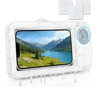 pjpkow Waterproof Shower Phone Holder with Bluetooth Speaker, 360° Rotatable Fog-Resistant Phone Mount, Strong Adhesive Suction for Bathroom, 12H Playback Hands-Free for All Phones (White)
